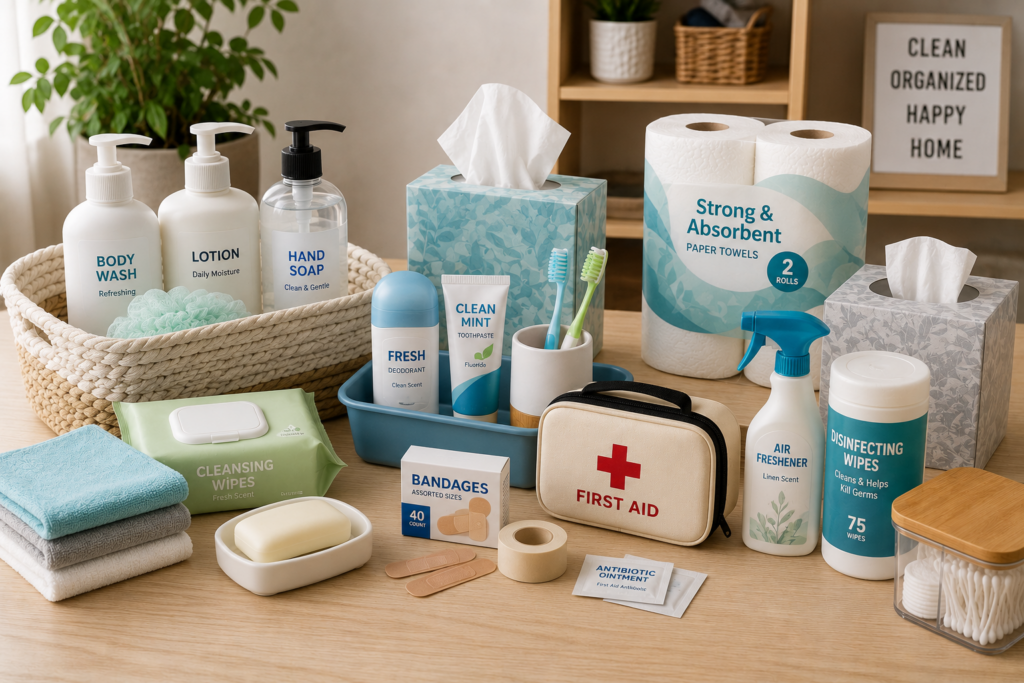 Health and household essentials including personal care products, first aid supplies, paper products, and home organization items.