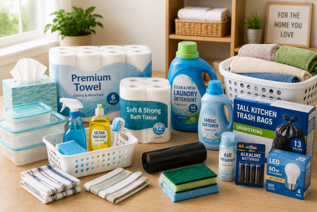 Household essentials including kitchen supplies, storage containers, paper products, laundry items, and everyday home necessities.