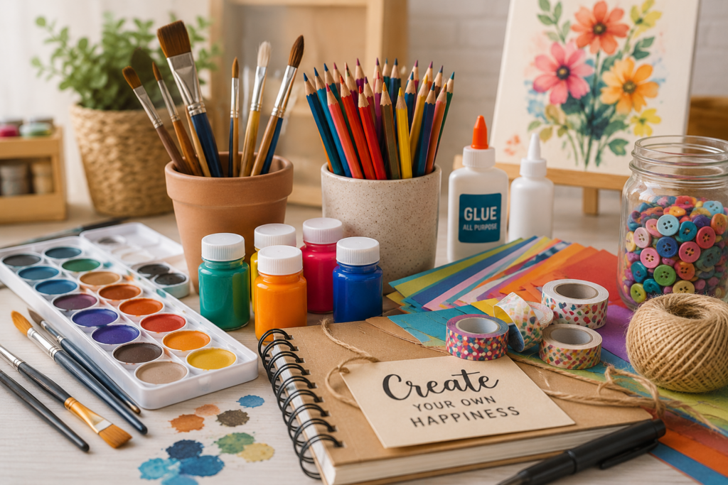 Arts and crafts supplies including paintbrushes, colored pencils, watercolor paints, craft paper, glue, and creative tools.