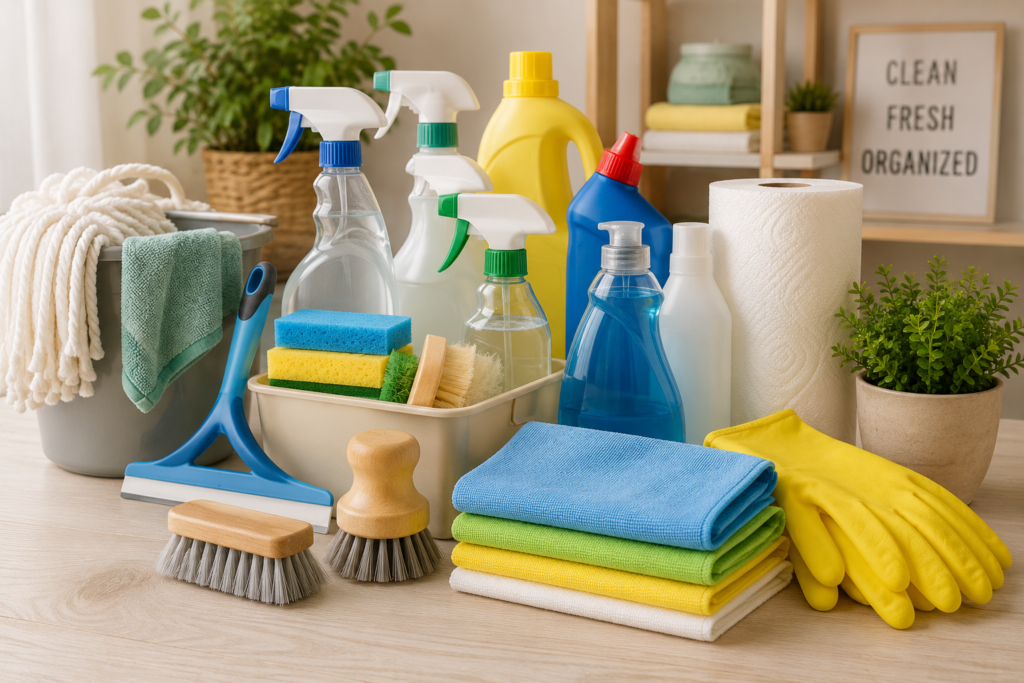 Cleaning supplies including spray bottles, microfiber cloths, sponges, brushes, gloves, paper towels, and household cleaning products.